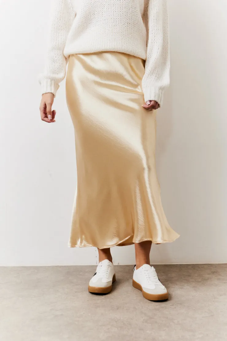 Best In the Style Satin Midi Skirt Gold