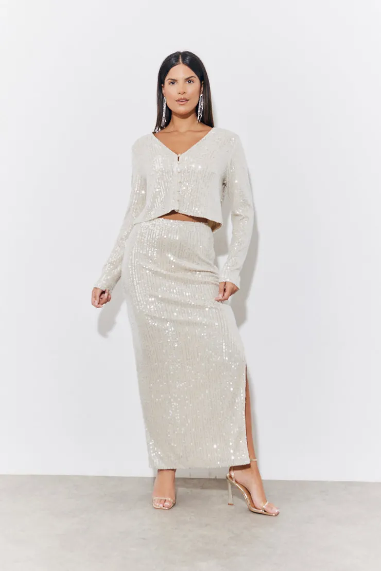 Sale In the Style Sequin Slit Detail Midi Skirt Gold