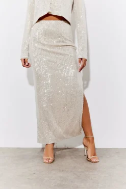 Sale In the Style Sequin Slit Detail Midi Skirt Gold