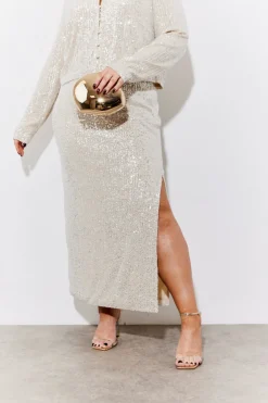 Sale In the Style Sequin Slit Detail Midi Skirt Gold
