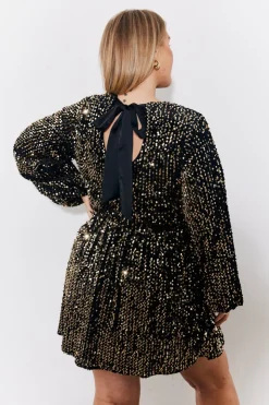 Clearance In the Style Velvet Sequin Bow Back Smock Dress Gold