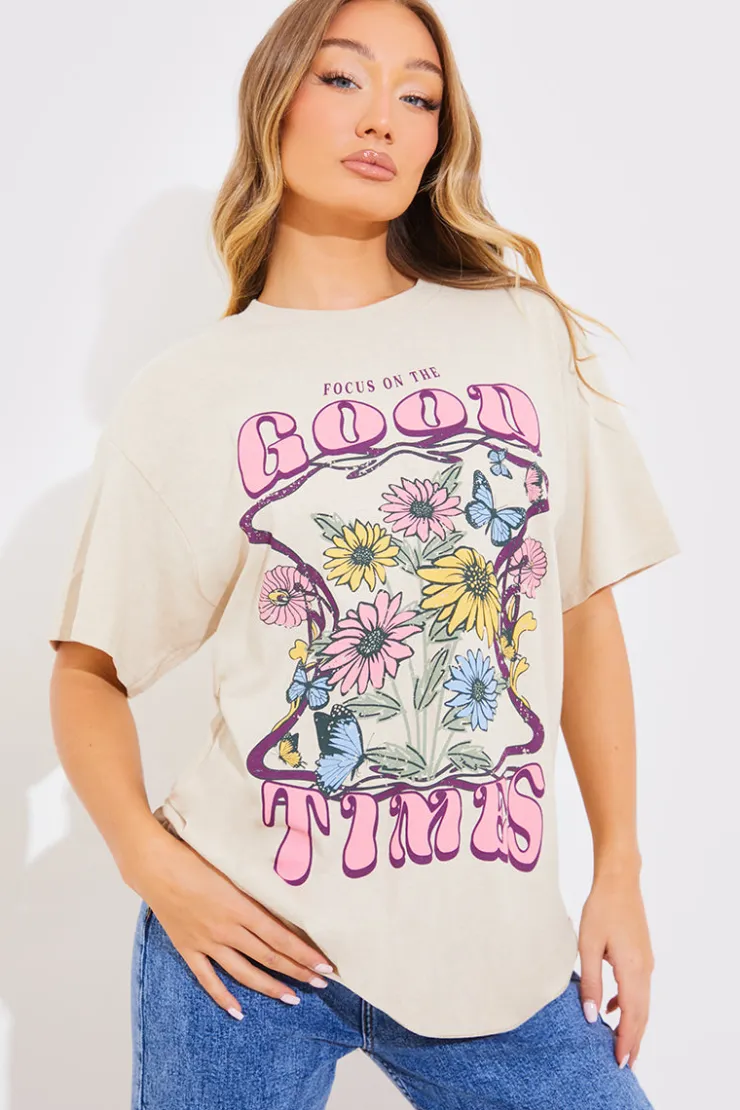 Discount In The Style Good Times Motif T-Shirt Stone