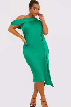 In The Style Satin Asymmetric Neckline Midi Dress Green