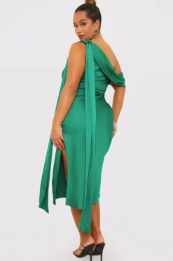 In The Style Satin Asymmetric Neckline Midi Dress Green