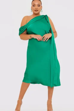 In The Style Satin Asymmetric Neckline Midi Dress Green