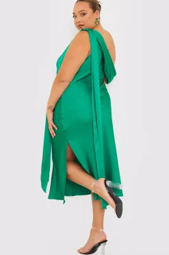 In The Style Satin Asymmetric Neckline Midi Dress Green