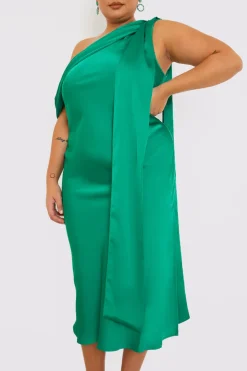 In The Style Satin Asymmetric Neckline Midi Dress Green
