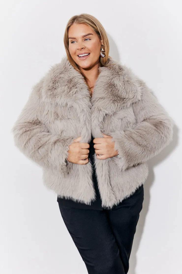 Online In the Style Oversized Collared Faux Fur Coat Grey