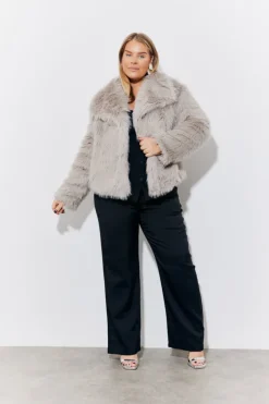 Online In the Style Oversized Collared Faux Fur Coat Grey