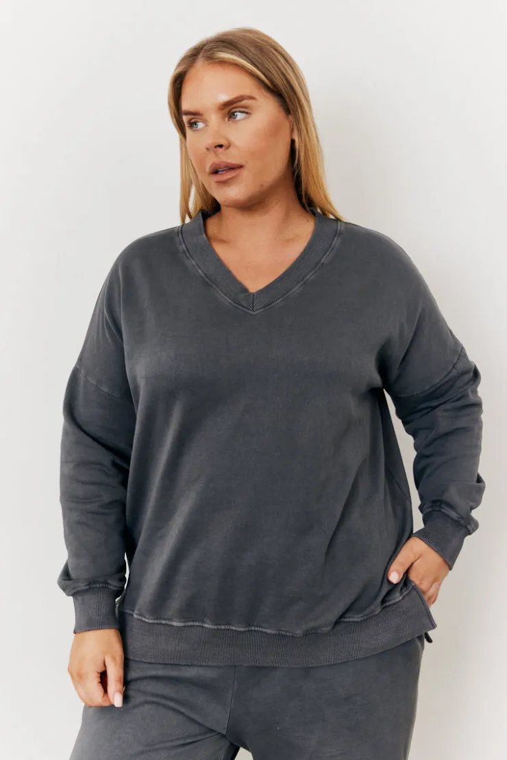 Outlet In the Style Grey Wash V Neck Split Hem Sweatshirt Dark grey