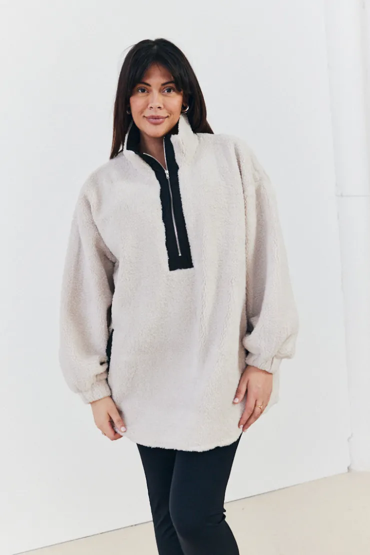 Outlet In the Style Half Zip Borg Pull Over Jacket Stone