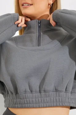 Clearance Fits Half Zip Up Cropped Jersey Sweater