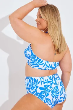Discount In the Style Halter Neck Tropical Print Bikini Top Blue