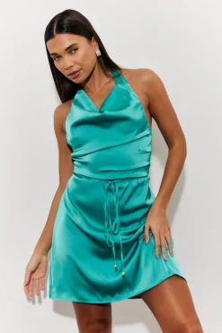 Hot In the Style Halterneck Satin Mini Dress with Gold Belted Trim Green