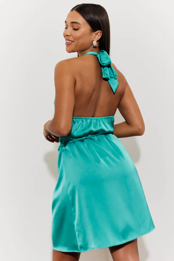 Hot In the Style Halterneck Satin Mini Dress with Gold Belted Trim Green