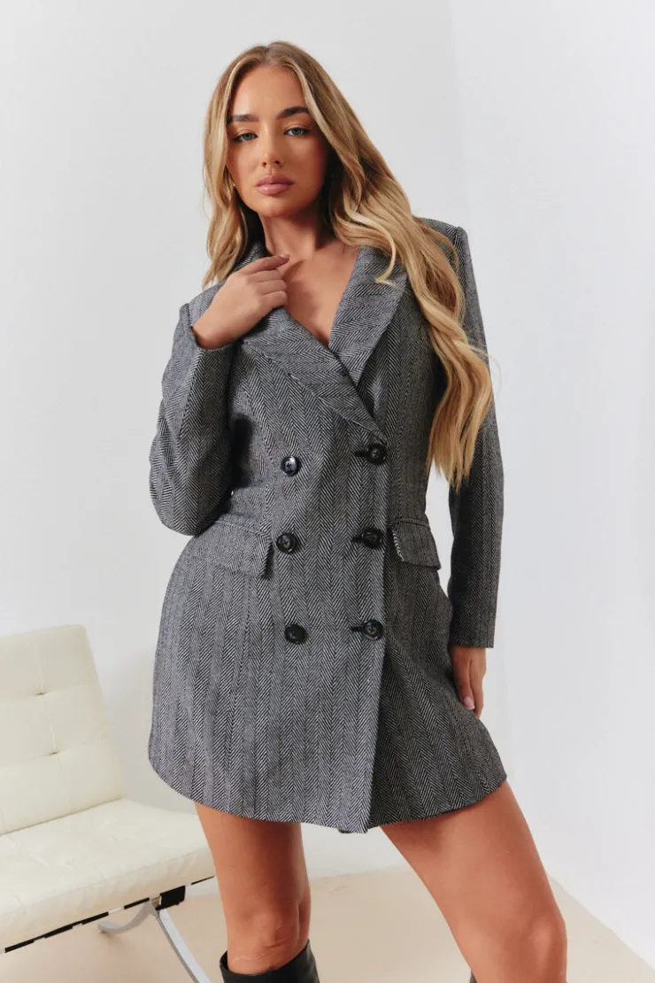 In the Style Herringbone Tweed Cinched Waist Double Breasted Blazer Dress Charcoal