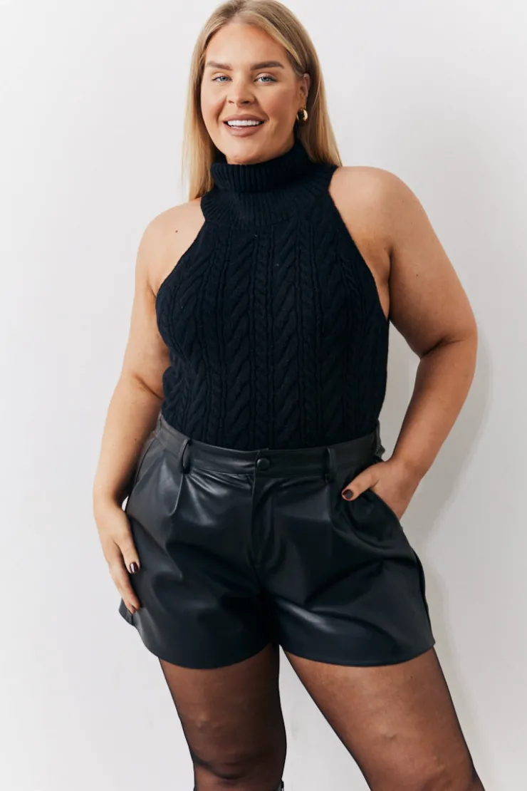 Hot In the Style High Neck Cable Knit Sleeveless Top Black