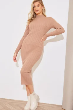 Online In The Style High Neck Variegated Rib Knit Midi Dress