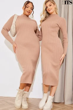 Online In The Style High Neck Variegated Rib Knit Midi Dress