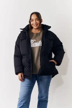 New In the Style Hooded Drawstring Waist Puffer Coat Black