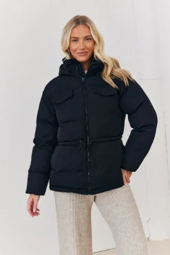 New In the Style Hooded Drawstring Waist Puffer Coat Black