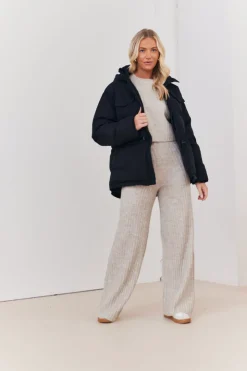 New In the Style Hooded Drawstring Waist Puffer Coat Black