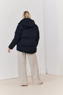 New In the Style Hooded Drawstring Waist Puffer Coat Black