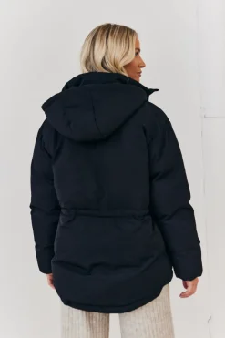 New In the Style Hooded Drawstring Waist Puffer Coat Black