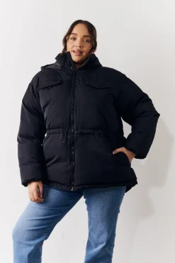 New In the Style Hooded Drawstring Waist Puffer Coat Black
