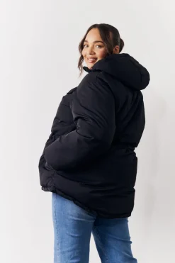 New In the Style Hooded Drawstring Waist Puffer Coat Black