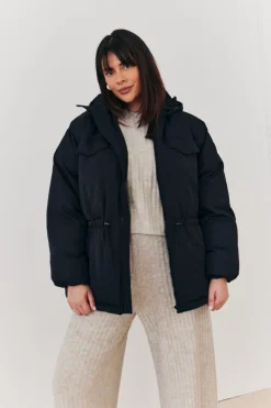 New In the Style Hooded Drawstring Waist Puffer Coat Black