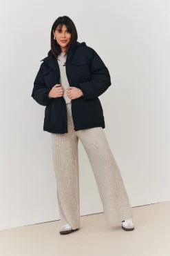 New In the Style Hooded Drawstring Waist Puffer Coat Black
