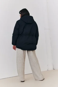 New In the Style Hooded Drawstring Waist Puffer Coat Black