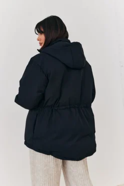 New In the Style Hooded Drawstring Waist Puffer Coat Black