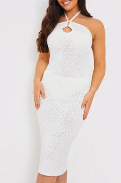 New In the Style Interest Yarn Halter Neck Knit Midi Dress White