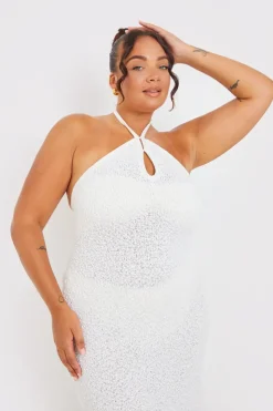 New In the Style Interest Yarn Halter Neck Knit Midi Dress White