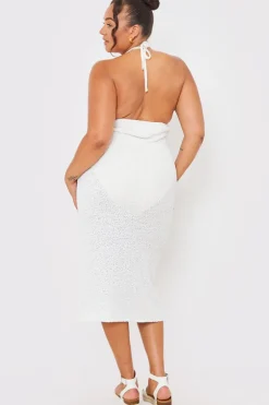 New In the Style Interest Yarn Halter Neck Knit Midi Dress White