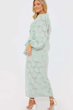 Sale In the Style Jacquard Asymmetric Frill Wrap Midaxi Dress Sage