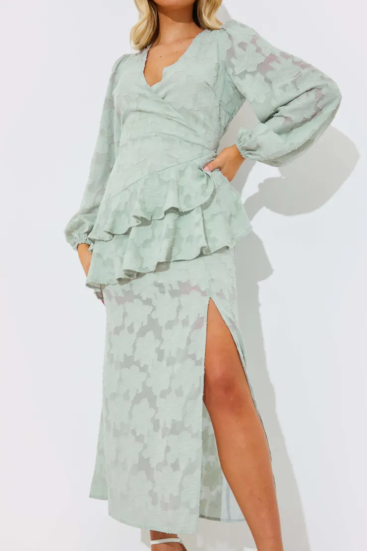 Sale In the Style Jacquard Asymmetric Frill Wrap Midaxi Dress Sage