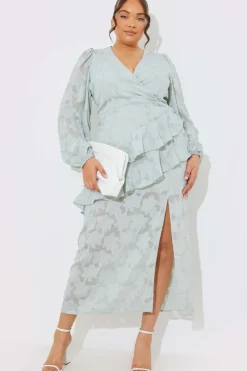 Sale In the Style Jacquard Asymmetric Frill Wrap Midaxi Dress Sage