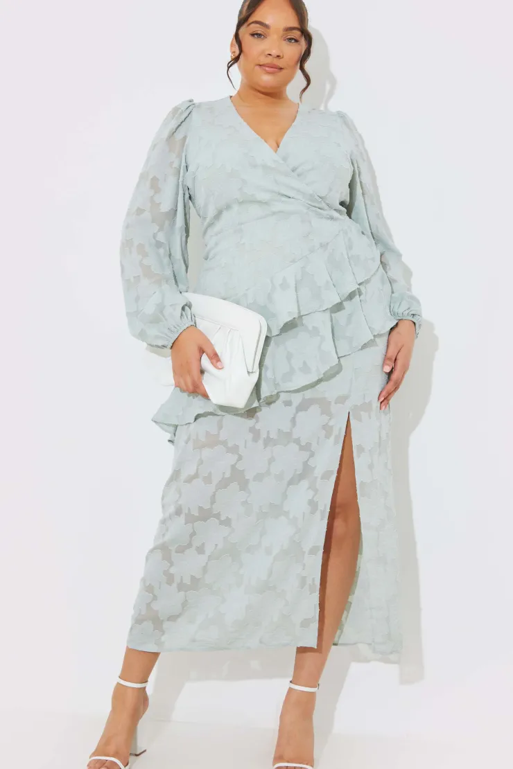 Sale In the Style Jacquard Asymmetric Frill Wrap Midaxi Dress Sage