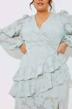 Sale In the Style Jacquard Asymmetric Frill Wrap Midaxi Dress Sage