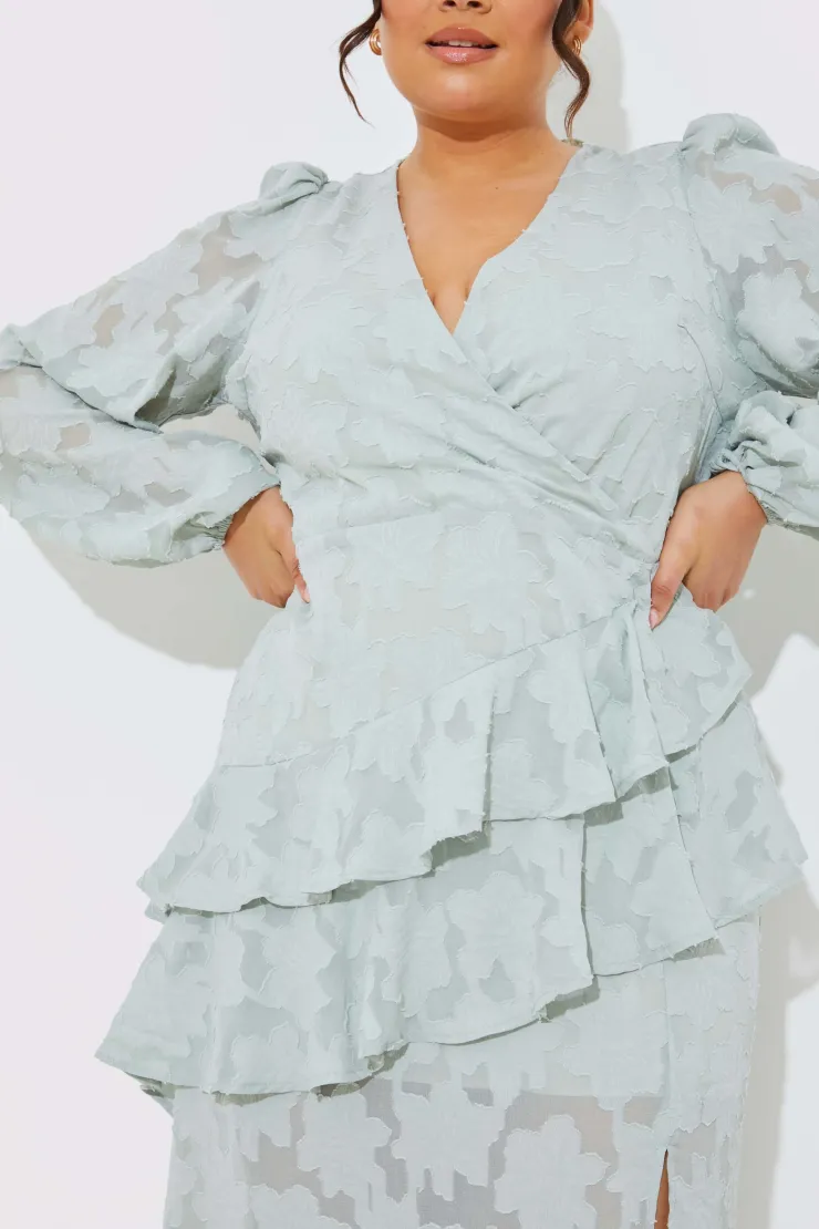 Sale In the Style Jacquard Asymmetric Frill Wrap Midaxi Dress Sage