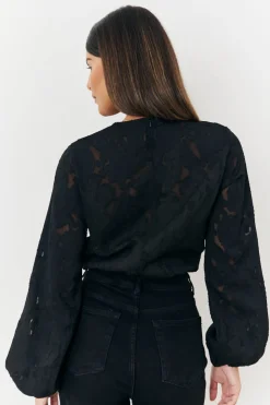 Sale In the Style Jacquard Balloon Sleeve Bodysuit Black