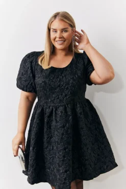 Clearance In the Style Jacquard Bow Back Puff Sleeve Smock Dress Black