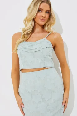 Outlet In the Style Jacquard Draped Cami Co-Ord Crop Top Sage