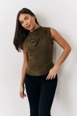 Outlet In the Style Slinky Cowl Front Sleeveless Top Khaki