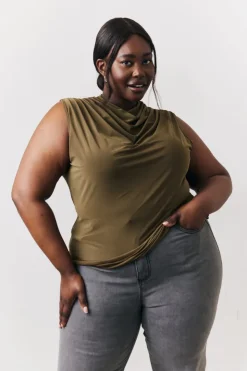 Outlet In the Style Slinky Cowl Front Sleeveless Top Khaki