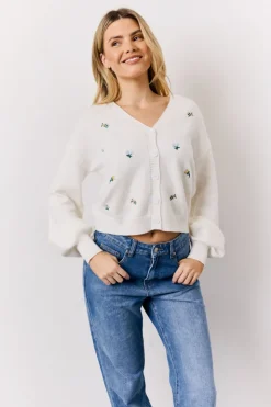 Hot In the Style Knitted Embroidered Cardigan Ecru