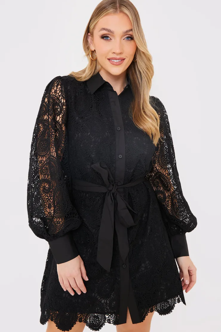 Online In the Style Lace Belted Shirt Dress